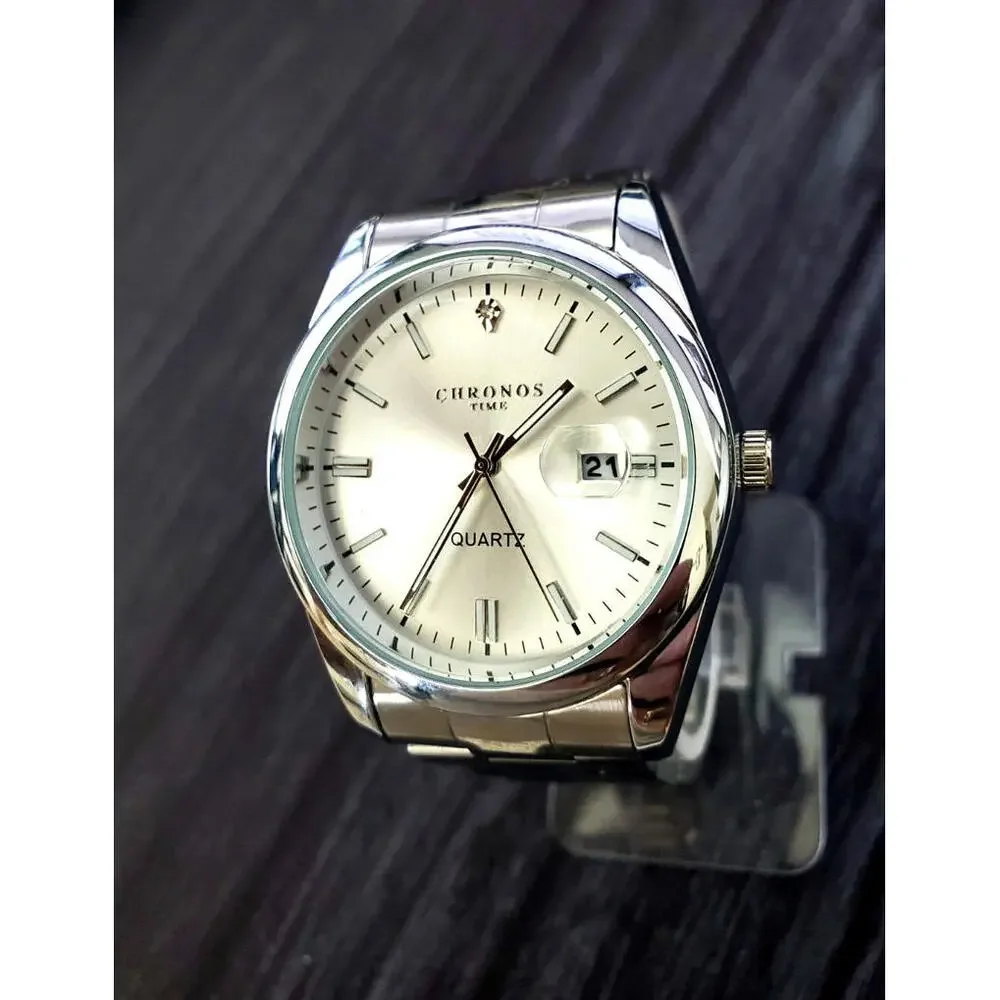 Chronos Men's Date Watch Silver Burst Diamond Dial 90's‎